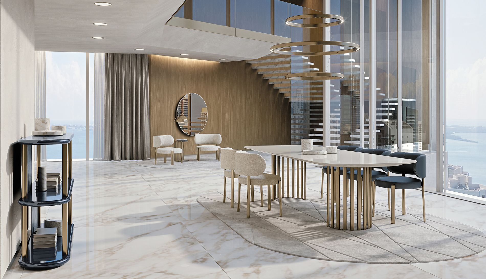 A modern dining area by Turri featuring an elegant table surrounded by stylish chairs, complemented by a sleek side table and stunning city views through expansive windows.