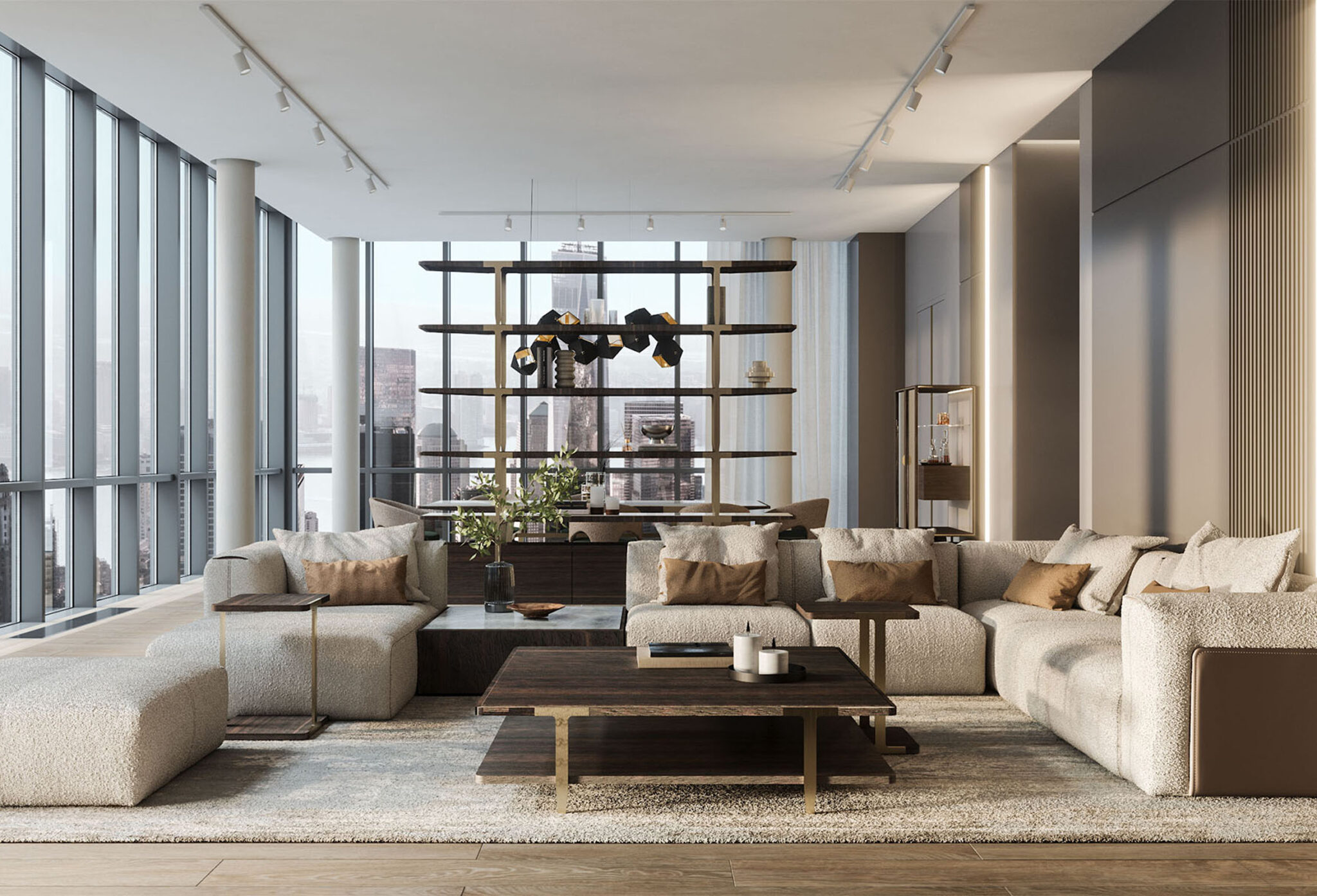 A contemporary living space by Turri featuring a plush sectional sofa, a stylish coffee table, and a decorative shelving unit, all enhanced by large windows offering stunning city views.