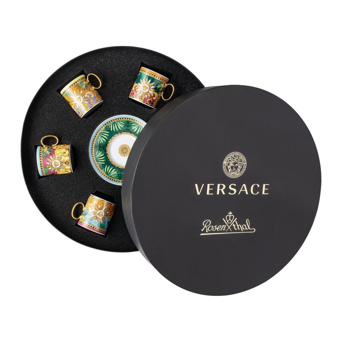 Versace Rosenthal Jungle Animalier A.D. Cup & Saucers Set, Six, Round Hat Box