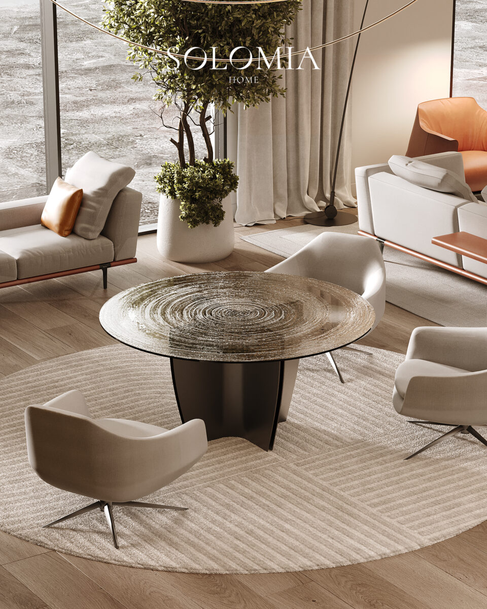 luxurious glass table surrounded by beige armchairs in a lounge