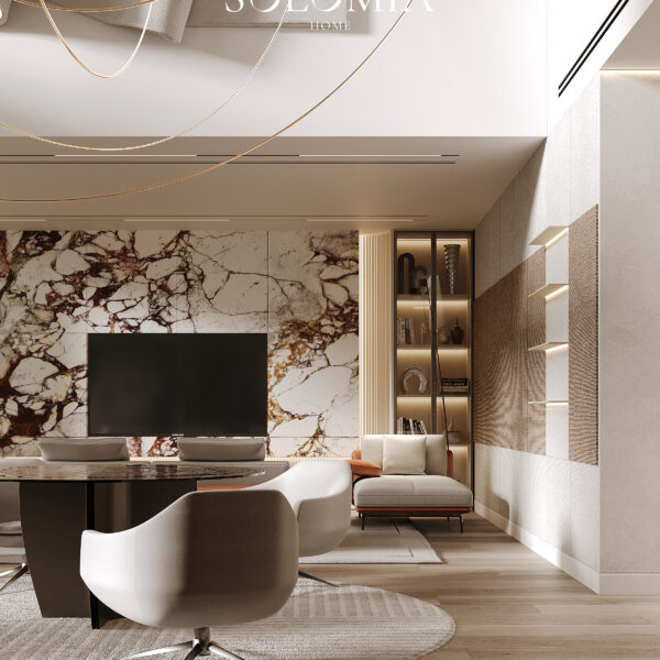 view of luxurious living room with beige armchair and marble-stoned TV set