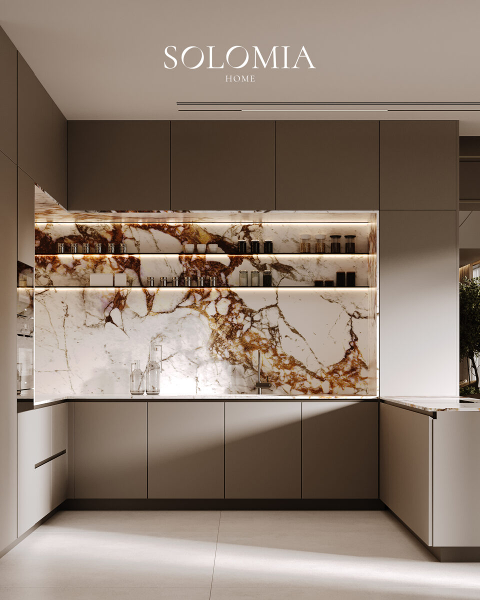 Luxurious kitchen with marble elements