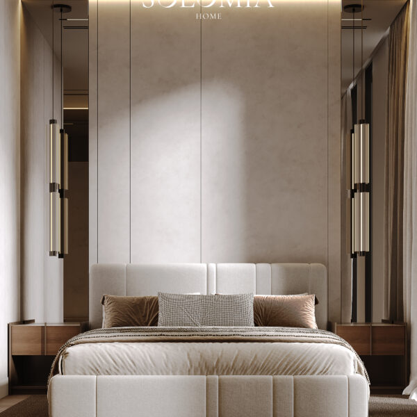 Modern beige bedroom with upholstered bed and soft lighting