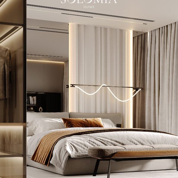 Elegant master bedroom with a large bed, soft beige and orange bedding, ambient lighting, floor-to-ceiling curtains, and a modern, wavy light fixture above