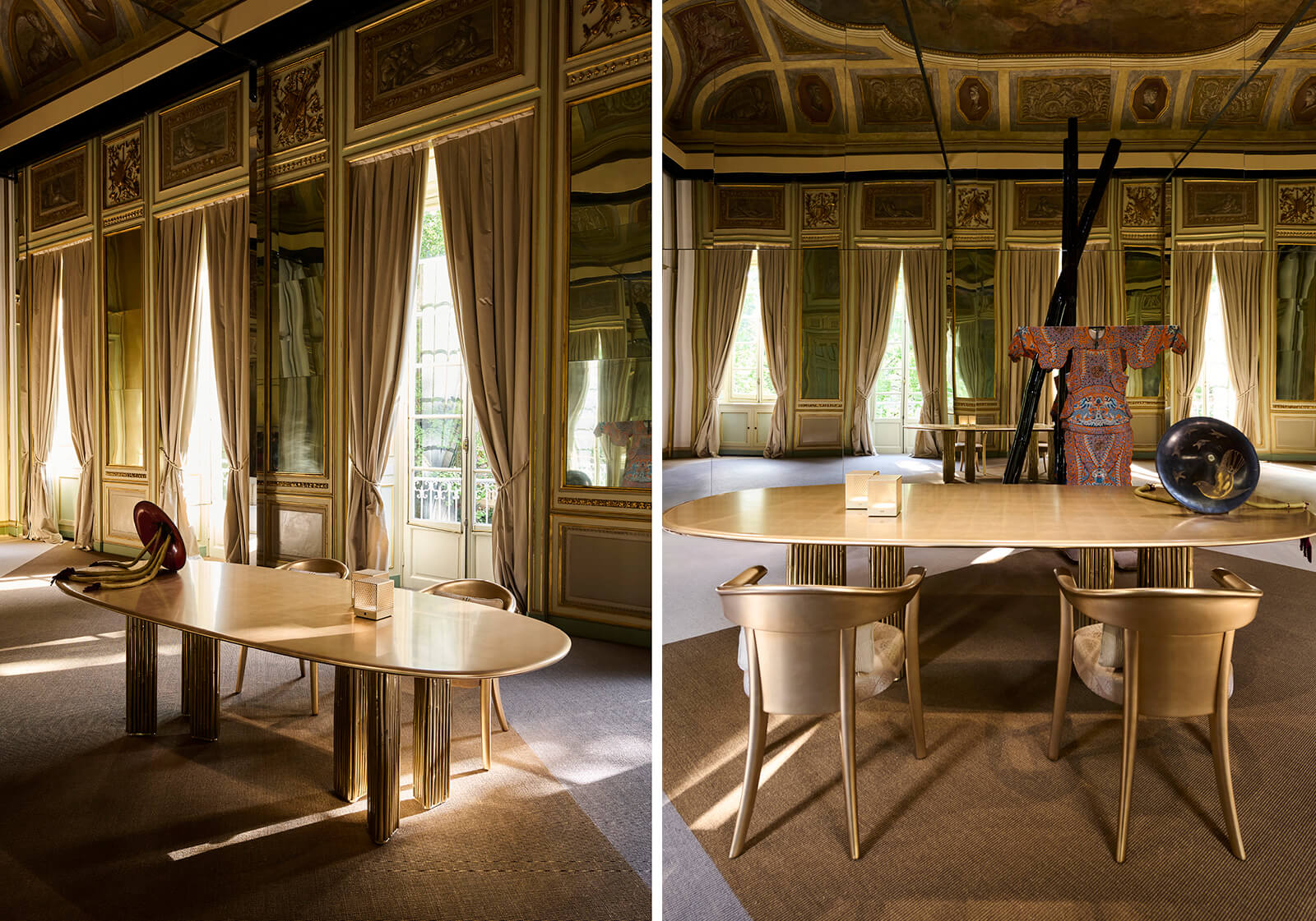 A dining setting featuring shades of gold by Armani/Casa