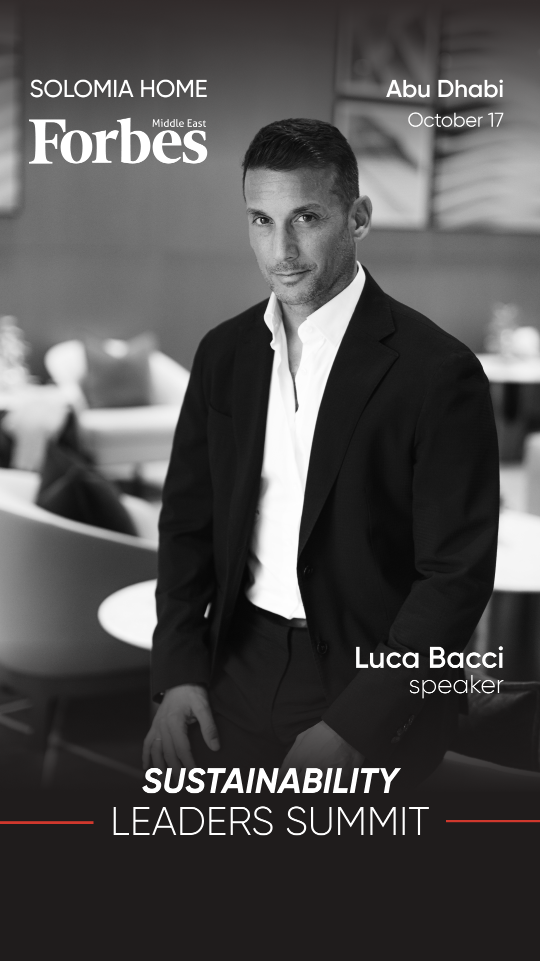 Promotional poster for the Forbes Middle East Sustainability Leaders Summit 2024 in Abu Dhabi on October 17, highlighting speaker Luca Bacci in a formal suit in a modern indoor setting.